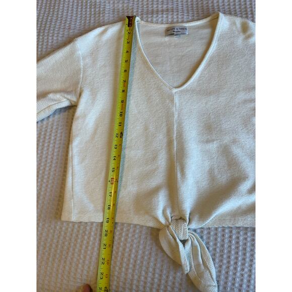 Texture & Thread Madewell Cream Ribbed V Neck Long Sleeve Tie Front Cotton Top M - Picture 6 of 10